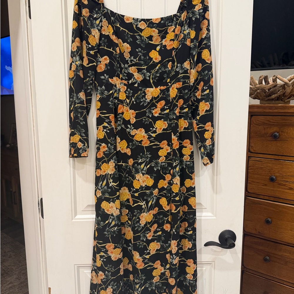 Dress Forum Black Long Sleeve Maxi Dress with Yellow Floral Print
